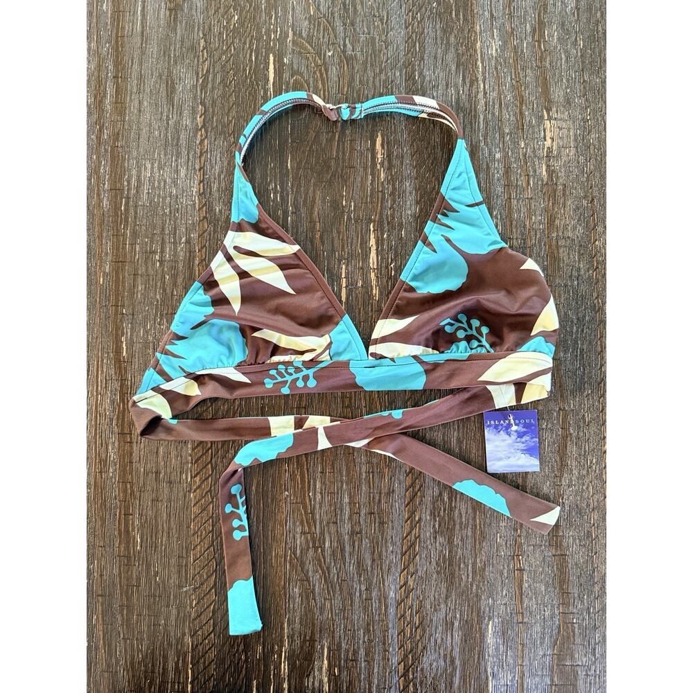 Halter Bikini Top Island Soul Large Swim Beach Brown Teal Cream Botanical